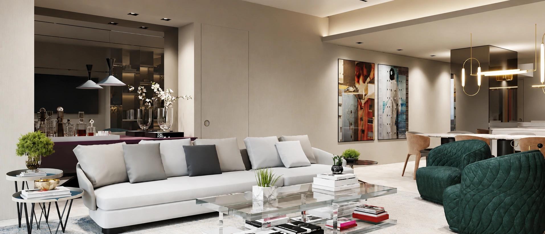 Turnberry Ocean Club integrated living and dining space with teal accent chairs, marble dining table, brass pendant lights, custom shelving with grand piano, and panoramic windows